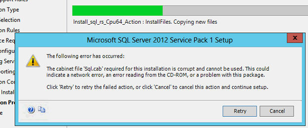 ms sql2012 install fails with sql.cab is corrupt installing